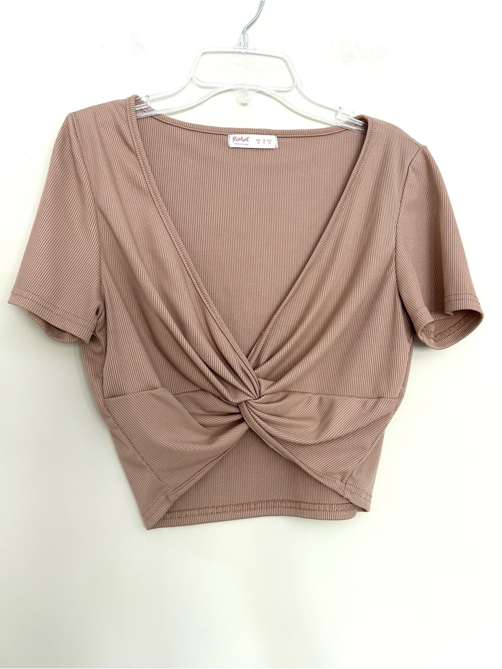 ROMWE Taupe Twist-Front Ribbed Crop Top